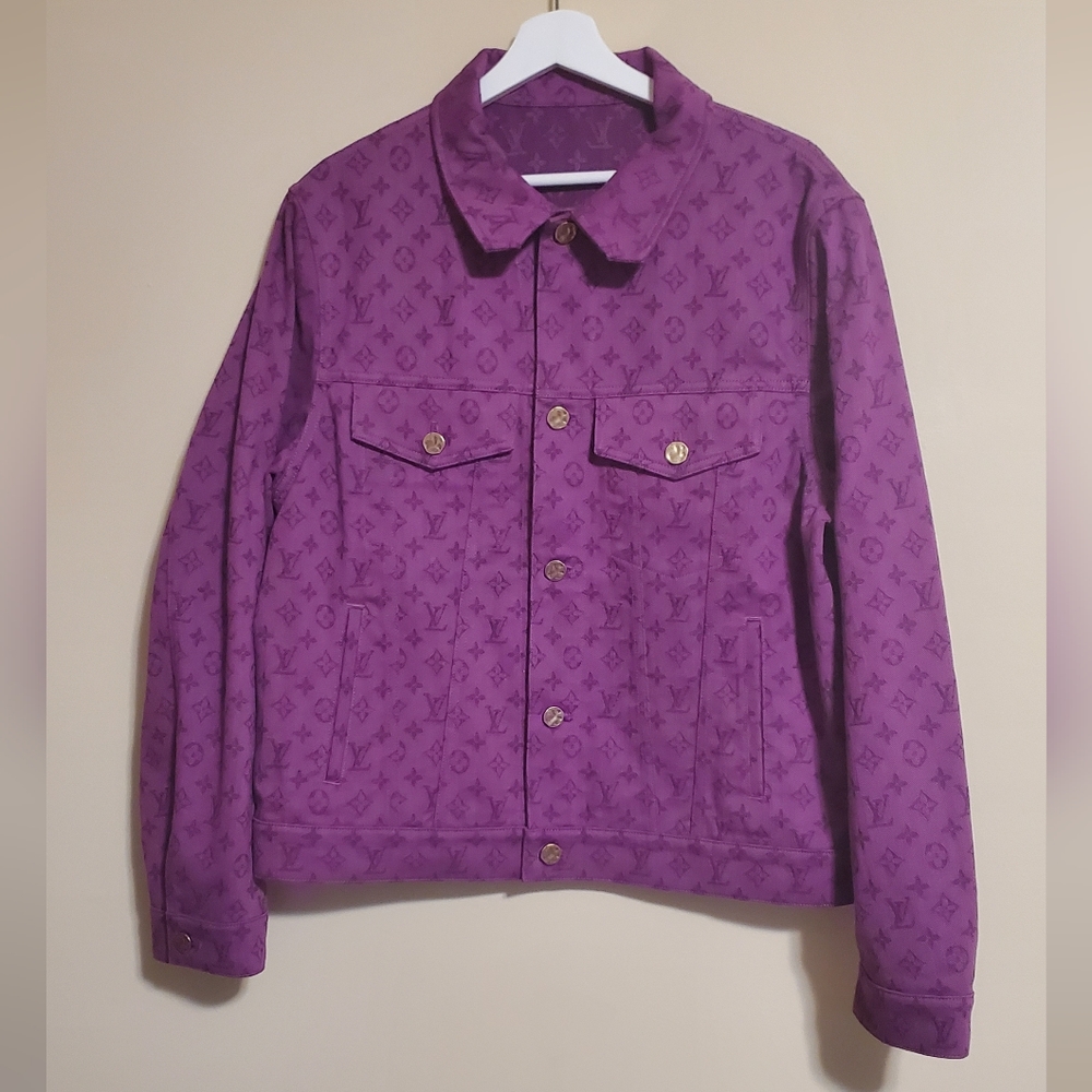 Louis Vuitton Purple Monogram LV Denim Gold Button Up Jacket Size 52 Italy